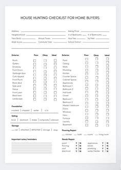 New Home Checklist Real Estate Form House Hunting Form House Hunting