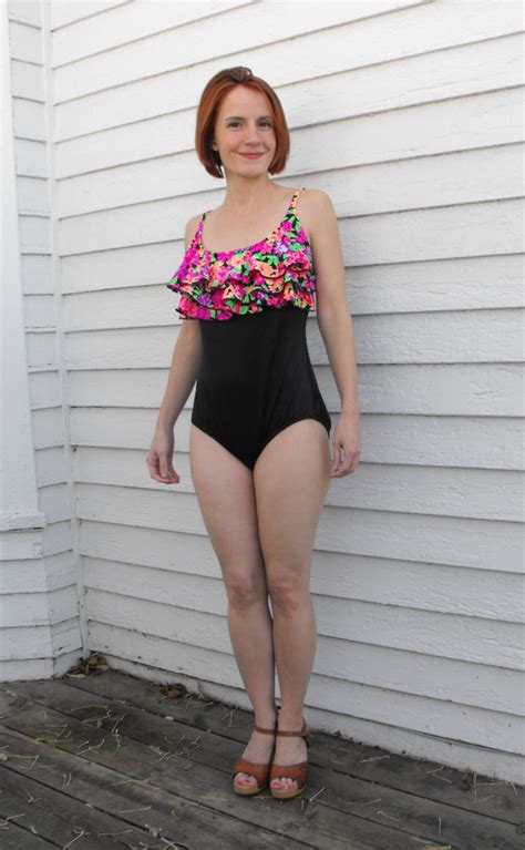 Vintage 80s Swimsuit Ruffle Floral Black One Piece Bathing Etsy