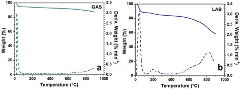 TGA Solid Line DTG Dashed Line Curves For The GAS A And LAB B