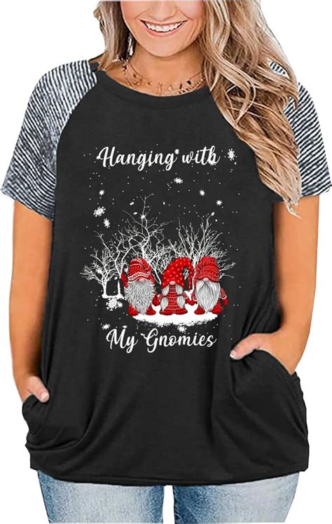 Plus Size Hanging With My Gnomes Shirt Women Christmas Gnomes Graphic Tees Striped Splicing