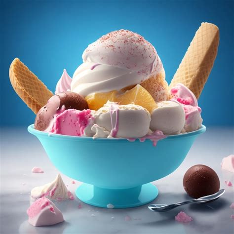 Premium Photo A Blue Bowl With A Bowl Of Ice Cream With A Pink