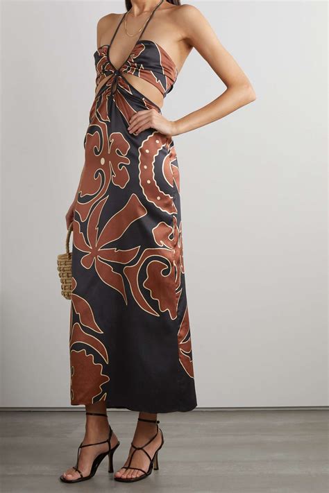 Brown Cutout Printed Silk Satin Halterneck Maxi Dress Johanna Ortiz