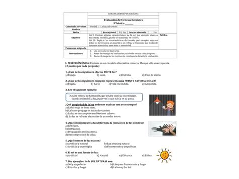 Evaluación De 3° Básico Ciencias Naturales Dispersión De La Luz Unidad 1 Profe Social