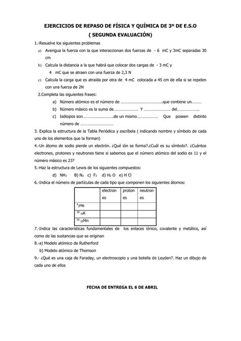 EJERCICIOS DE REPASO DE FÍSICA Y QUÍMICA DE 3º DE SEGUNDA EVALUACIÓN