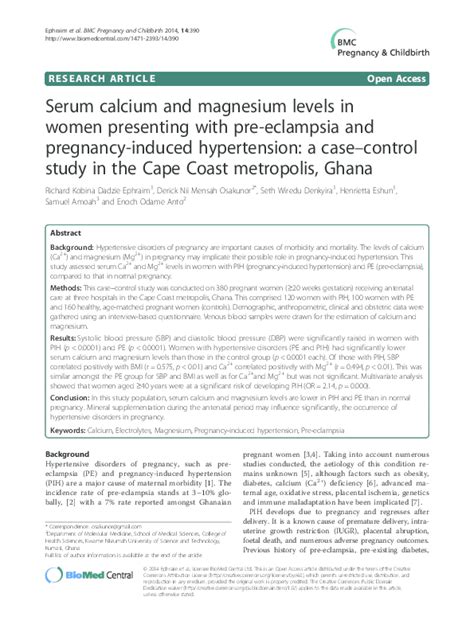 Pdf Serum Calcium And Magnesium Levels In Women Presenting With Pre