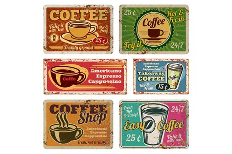 Vintage coffee shop and cafe metal vector signs in old 1940s (892182 ...