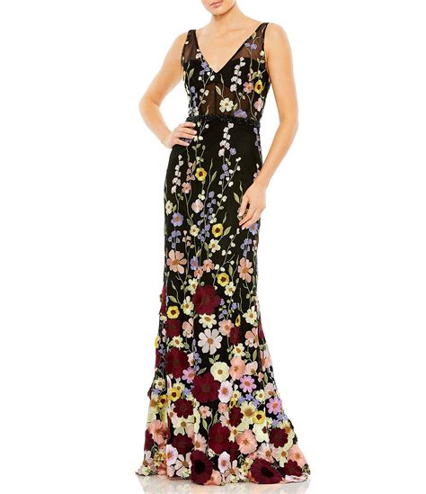 Mac Duggal Floral Embroidered Tulle Sleeveless V Neck A Line Gown