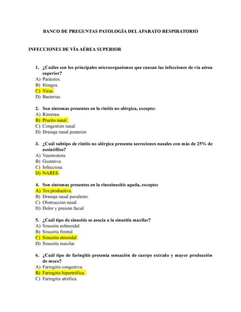 Banco DE Preguntas DE PatologíA DEL Aparato Respiratorio BANCO DE