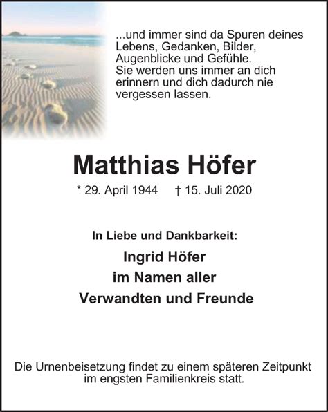 Traueranzeigen von Matthias Höfer Trauer in NRW de