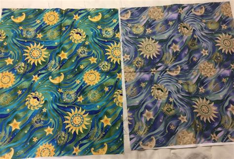 Celestial Fabric Sun Moon Stars Fat Quarter Pair Blue Yellow Lavender