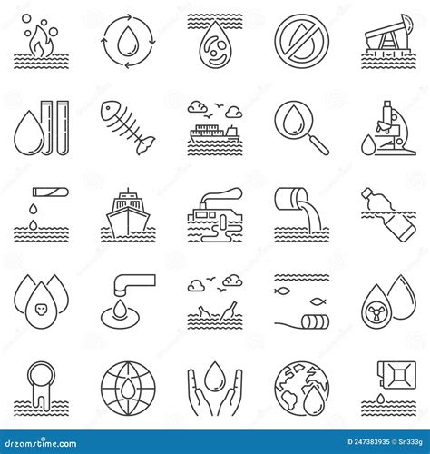 Water Pollution Outline Icons Set Vector Concept Symbols Royalty Free