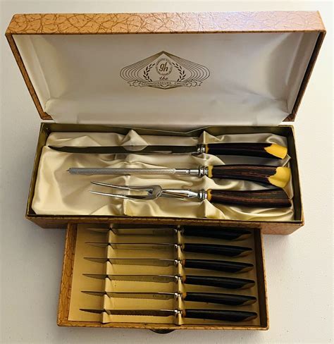 Vintage Pc Glo Hill Cutlery Carving Set Steak Knifes Bakelite