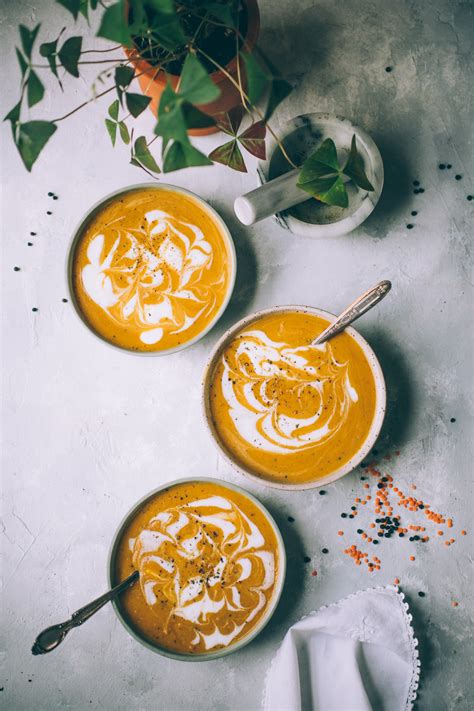 Creamy Curry Butternut Squash Soup With Red Lentils And Coconut Yogurt