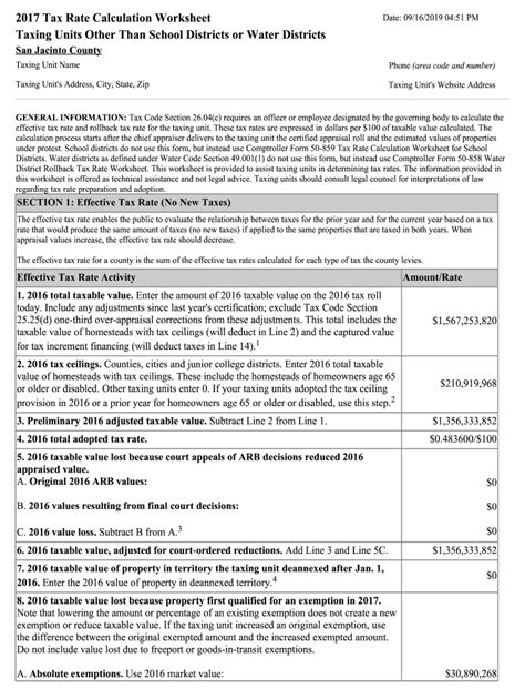 Fillable Online Tax Rate Calculation Worksheetschool Districts