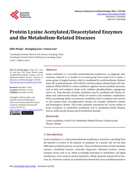 (PDF) Protein Lysine Acetylated/Deacetylated Enzymes and the Metabolism ...