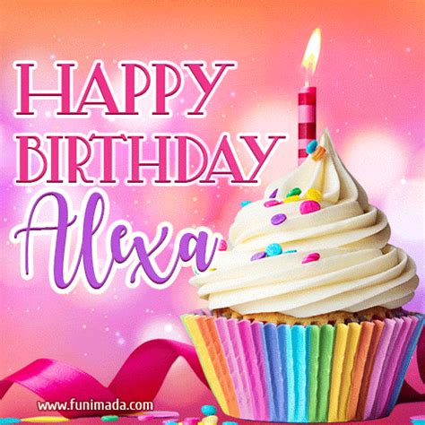 A GIF featuring the name Alexa, a decorated cupcake with a lit candle, and sprinkles. | Funimada.com