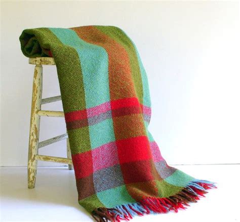 Vintage Irish Wool Plaid Blanket Throw Teal Red Olive Vintage Wool