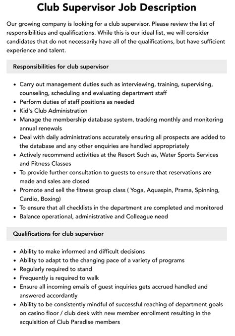 Club Supervisor Job Description Velvet Jobs