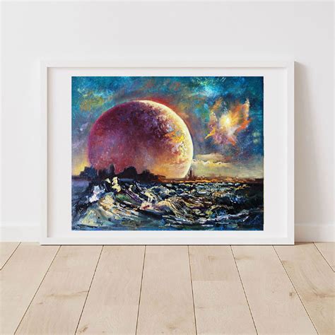 Galaxy Painting Oil Full Moon Landscape Original Art Artwork Impasto ...