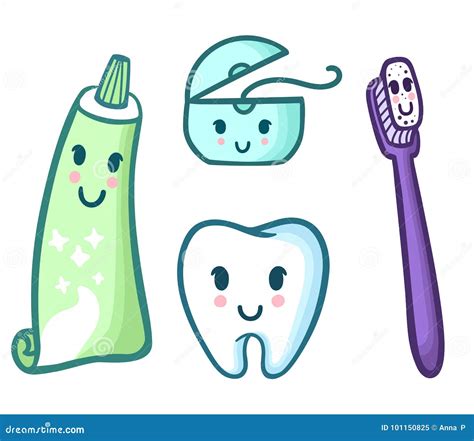 Vector Set of Cartoon Toothpaste, Toothbrush, Floss and Tooth Stock ...