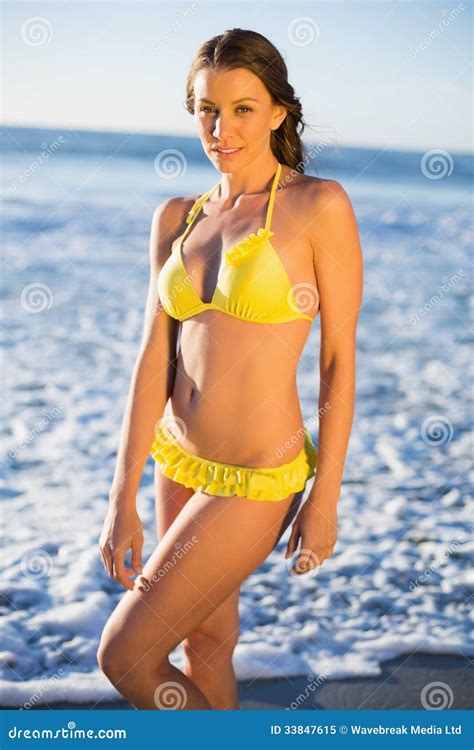 Mujer Atractiva En El Bikini Que Presenta En El Mar Imagen De Archivo