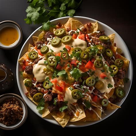 Premium AI Image | a top view photo of loaded nachos topped with ...