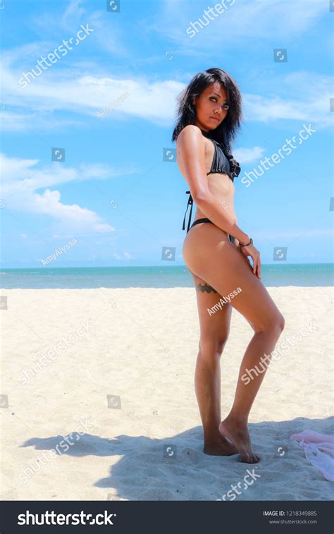 Sexy Girl Black Bikini Standing Beach Stock Photo 1218349885 Shutterstock