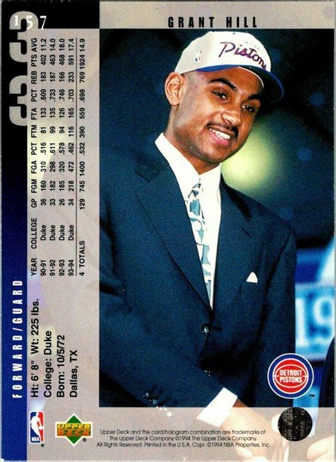 Grant Hill Upper Deck Rookie Card Rc Detroit Pistons Nm