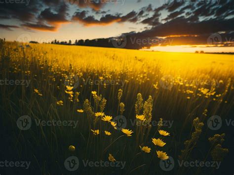 Ai Generated Abstract Soft Focus Sunset Field Landscape Of Yellow Flowers And Grass Meadow Warm