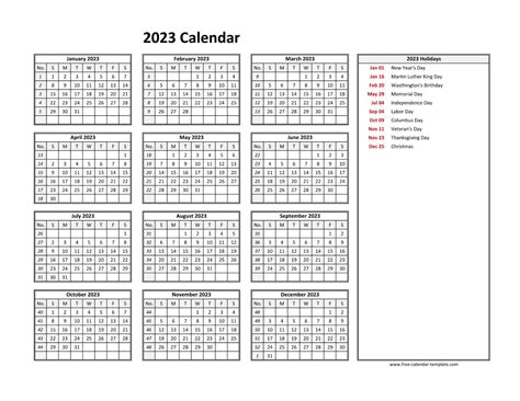 Printable Yearly Calendar With Week Numbers 2023 - YearlyCalendars.net