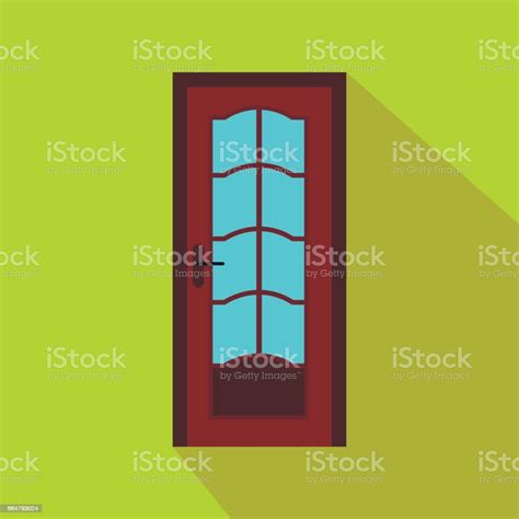 Brown Wooden Door With Glass Icon Flat Style Stock Illustration