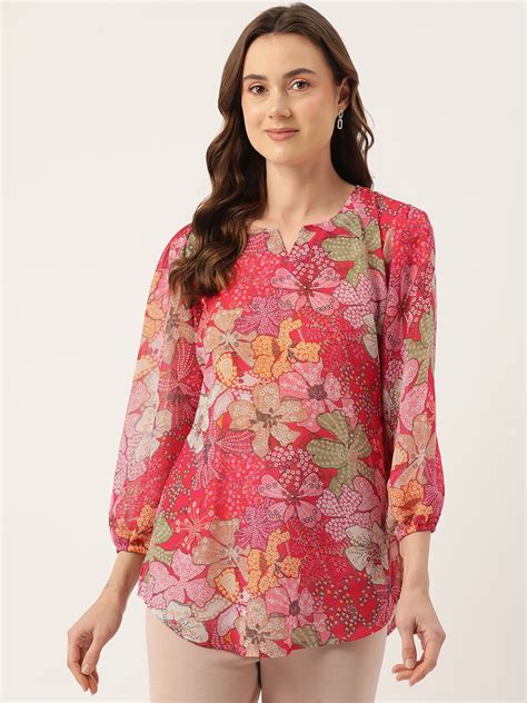 Buy Sleek Italia Floral Printed Notched Neck Puff Sleeve Georgette Top