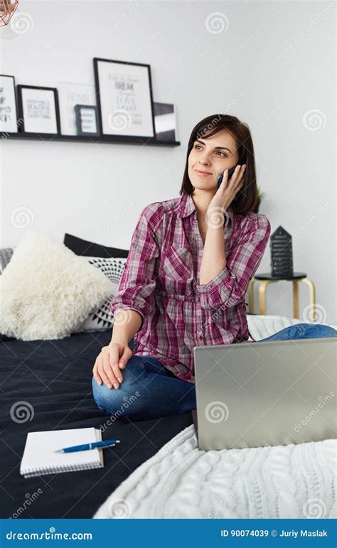 Young Freelancer Woman Using Laptop Happy Smiling Girl Working O Stock