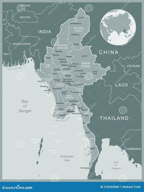 Myanmar Detailed Administrative Blue Map With Country Flag And Location