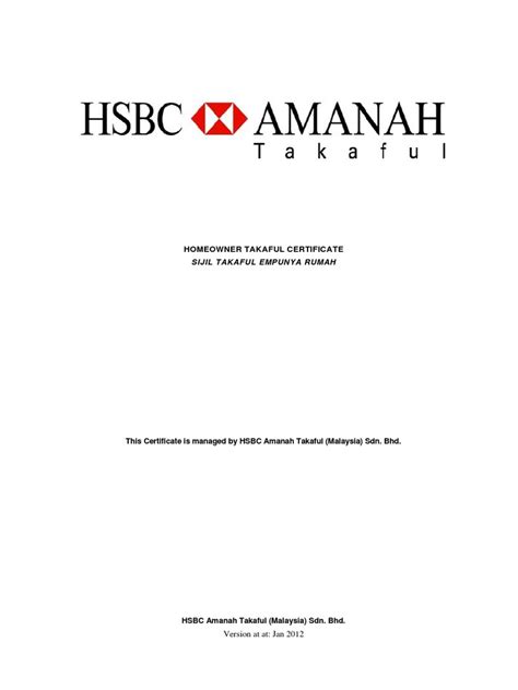 Hsbc Amanah Homeowner Takaful Certificate Jan2012 Mortgage Law