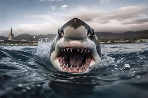 Gran tiburón blanco posando en la red neuronal de aguas azules