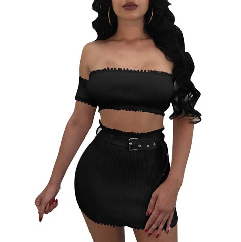 Aliexpress Buy Women 2 Piece Skirt Set Off Shoulder Crop Tops