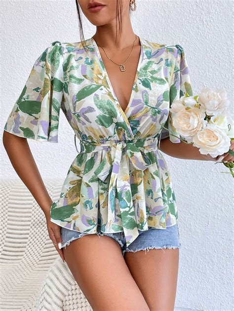 Plant Print Deep V Neck Butterfly Sleeve Belted Blouse Ropa Blusas