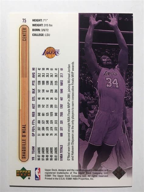 2001 02 Upper Deck Shaquille ONeal 75 Los Angeles Lakers Basketball