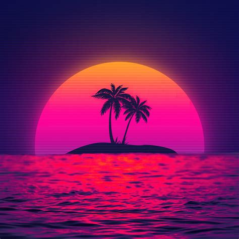 Vaporwave Wallpaper 4K, Sunset, Palm trees, Island, 5K