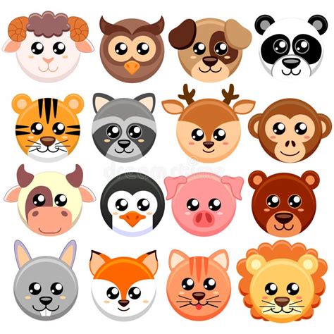 Cute Cartoon Animals Head Round Shape. Stock Vector - Illustration of ...