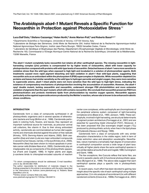 (PDF) The Arabidopsis aba4-1 Mutant Reveals a Specific Function for ...