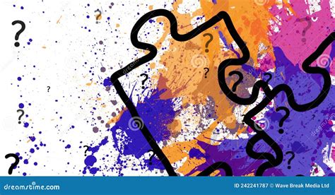 Animation Of Question Marks And Puzzle Over Colorful Stains Stock Video