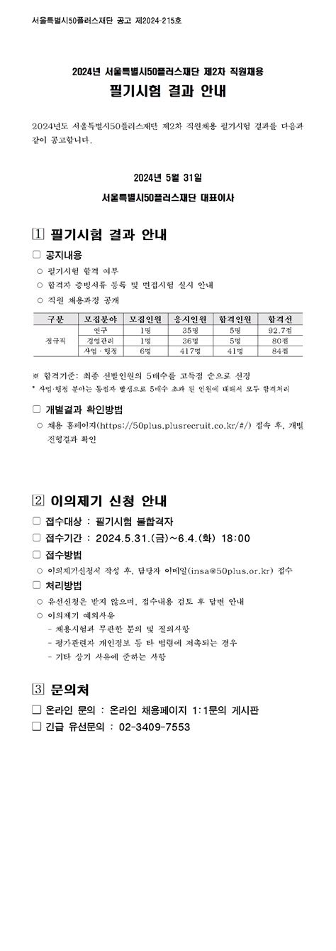 서울시 50플러스포털 재단 2024년 서울특별시50플러스재단 제2차 직원채용 필기시험 결과 안내