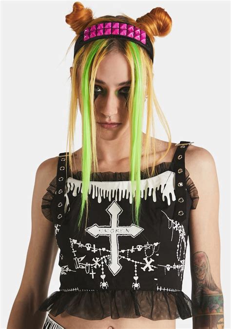 Dolls Kill X Broken Brainz Square Neck Contrast Graphic Ruffle Trim