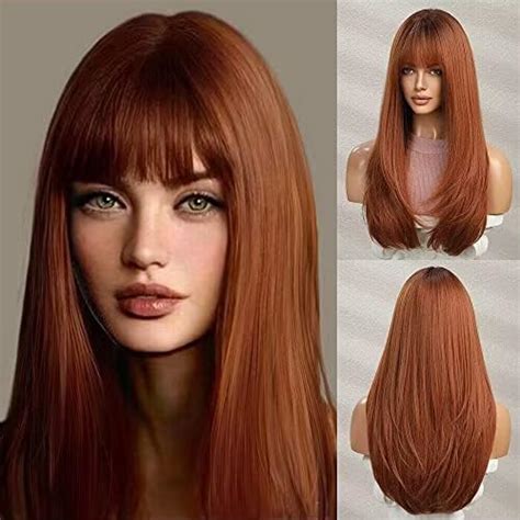 Haircube Long Auburn Wigs For Womensynthetic Straight Orange Red Hair Wig With