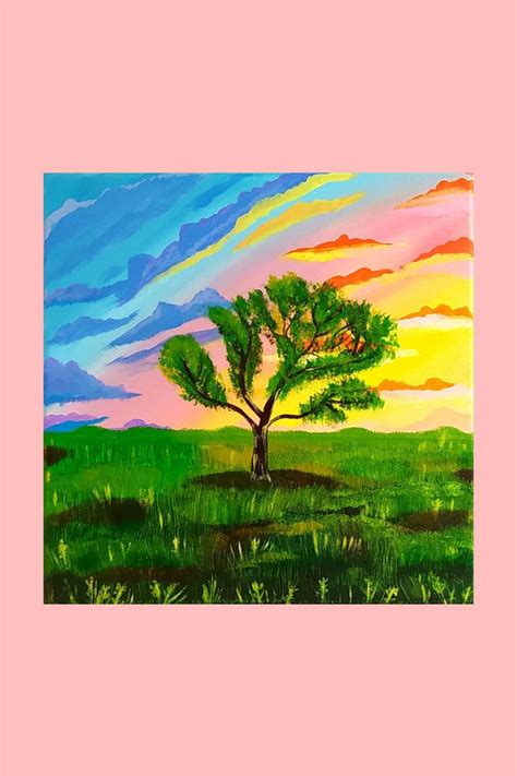 Bright Sunset Landscape Painting Scenery Nature Farm Etsy