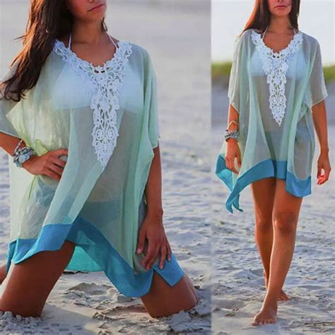 2018 New Summer Beach Cover Ups Deep Lace V Neck Beach Tunic Bathing