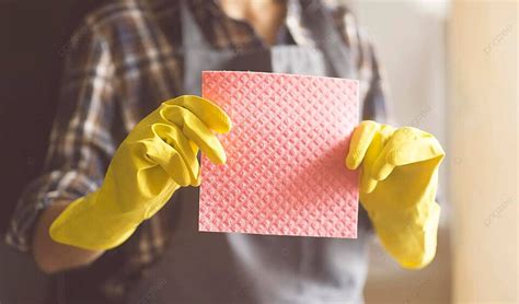 Housekeeping Woman Wearing Yellow Rubber Gloves Housekeeping Girl Wet