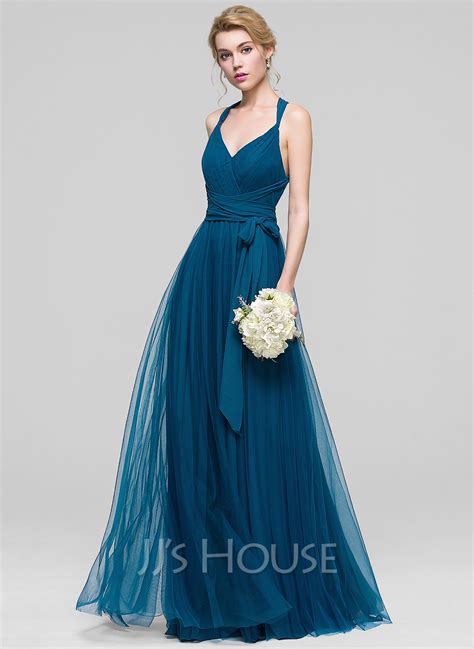 A Line Princess V Neck Floor Length Tulle Bridesmaid Dress With Ruffle